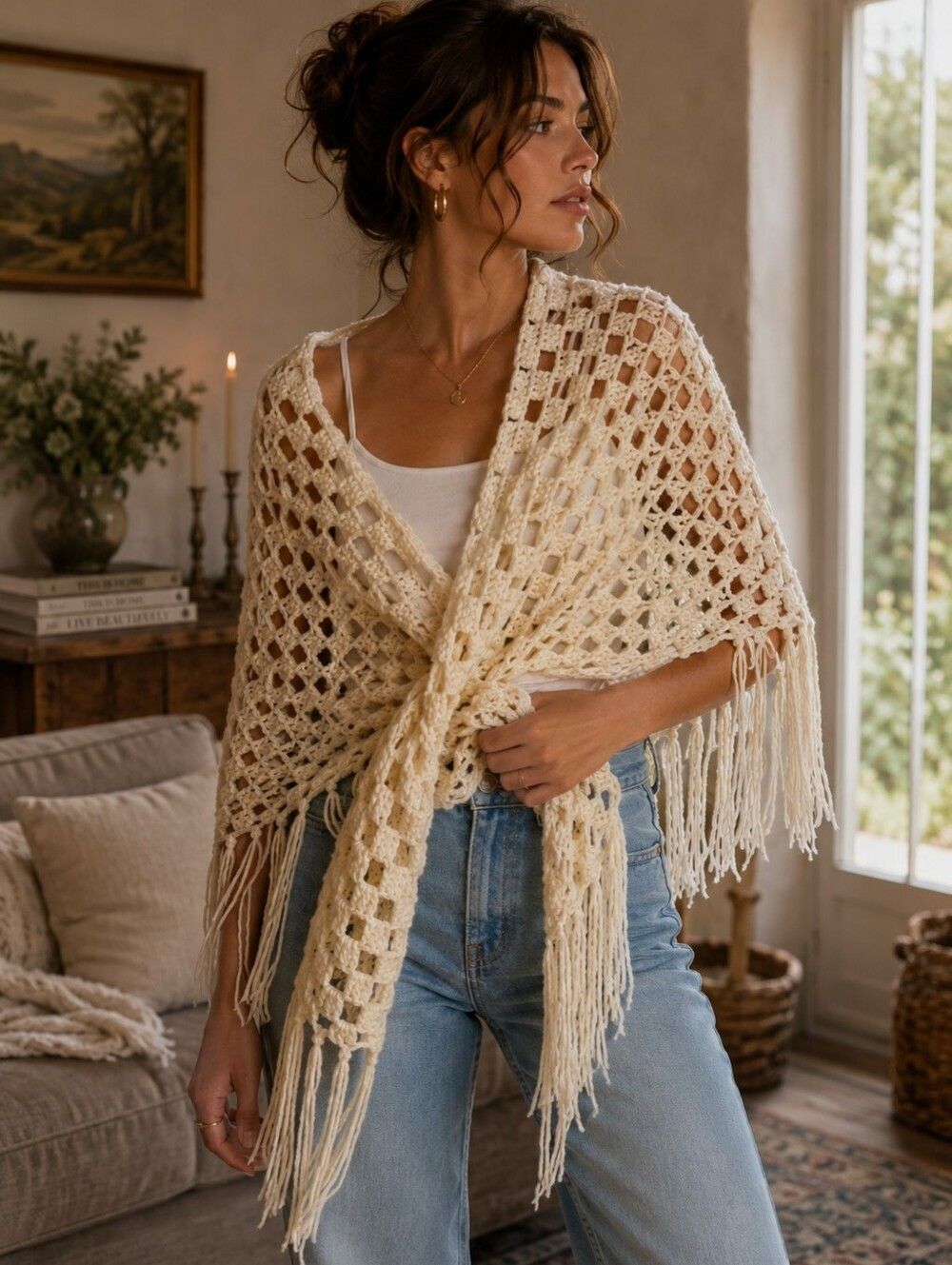 Méchant cream crochet Half Cover Shawl